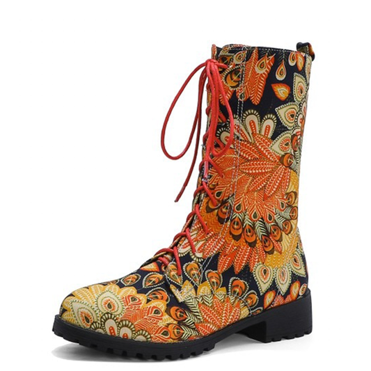 Funki Findz | Boots | Women's Flower Print Lace Up Calf Boots