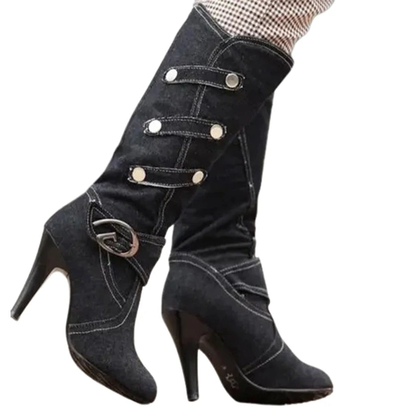 Funki Findz | Boots | Women's Knee High Denim Stiletto Boots