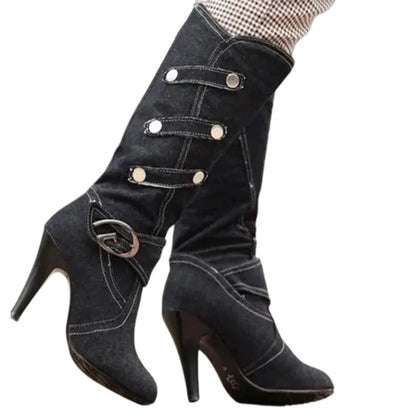 Funki Findz | Boots | Women's Knee High Denim Stiletto Boots