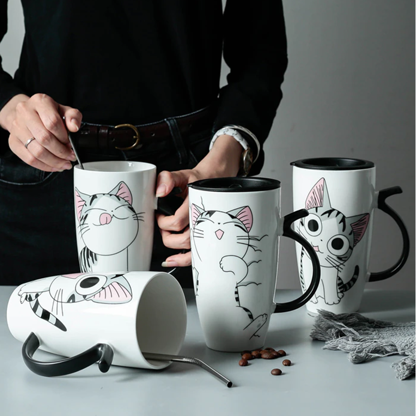 Funki Findz | Mugs | Large Ceramics Cat Mug | Spoon Lid | 20oz