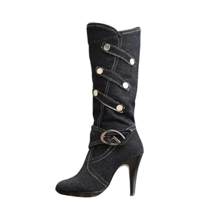 Funki Findz | Boots | Women's Knee High Denim Stiletto Boots