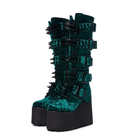 Funki Findz | Boots | Women's Green Wedge Platform Rivet Boots