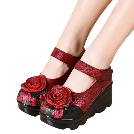 Funki Findz | Shoes | Women's Cute Red Flower Leather Wedges
