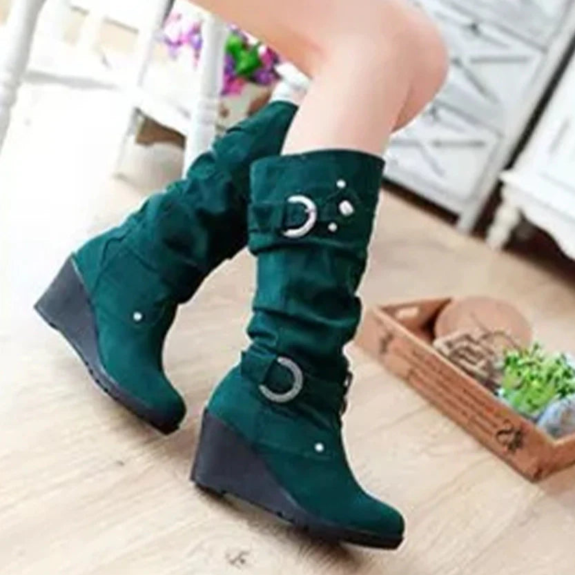 Funki Findz | Boots | Women's Mid-Calf Suede Wedge Stud Boot