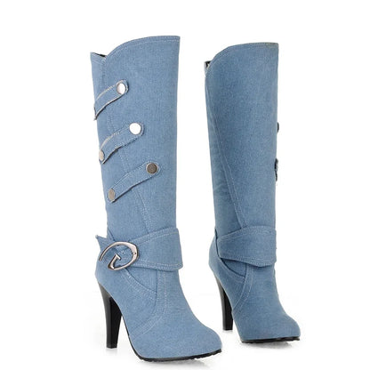 Funki Findz | Boots | Women's Knee High Denim Stiletto Boots