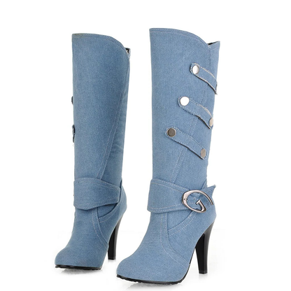 Funki Findz | Boots | Women's Knee High Denim Stiletto Boots