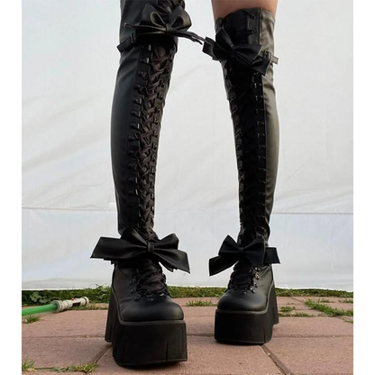 Funki Findz | Boots | Women's Matte Over Knee Bow Knot Boots