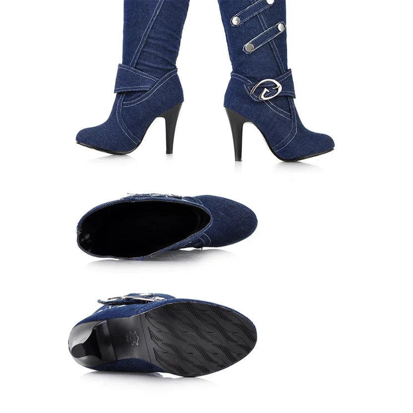 Funki Findz | Boots | Women's Knee High Denim Stiletto Boots