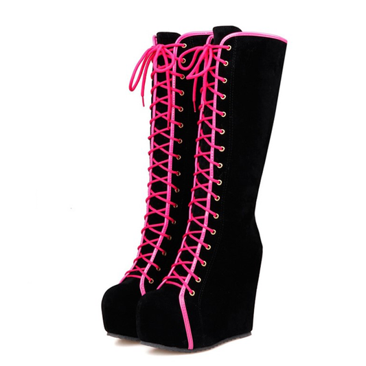 Funki Findz | Boots | Women's Pink Lace Up Suede Platform Boot