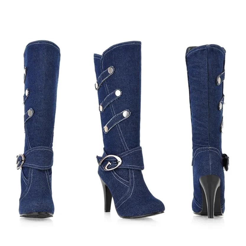 Funki Findz | Boots | Women's Knee High Denim Stiletto Boots
