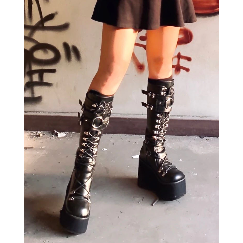 Funki Findz | Boots | Women's Goth Lace Up Platform Wedges
