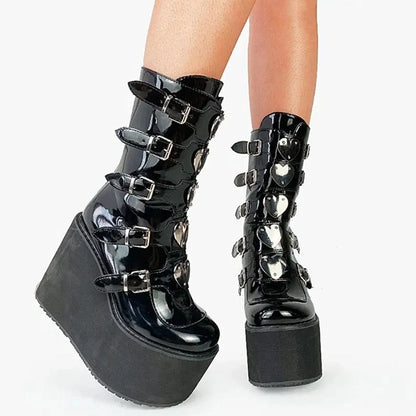 Funki Findz | Boots | Women's High Chunky Wedge Buckle Boots