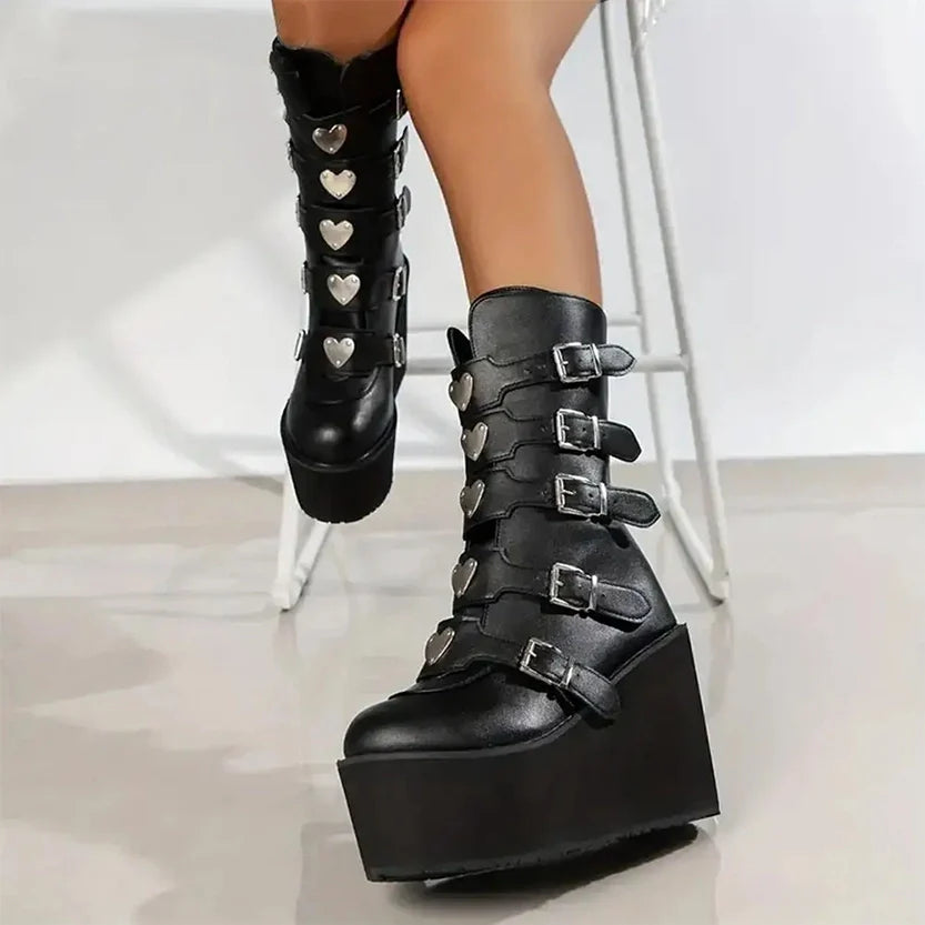 Funki Findz | Boots | Women's High Chunky Wedge Buckle Boots