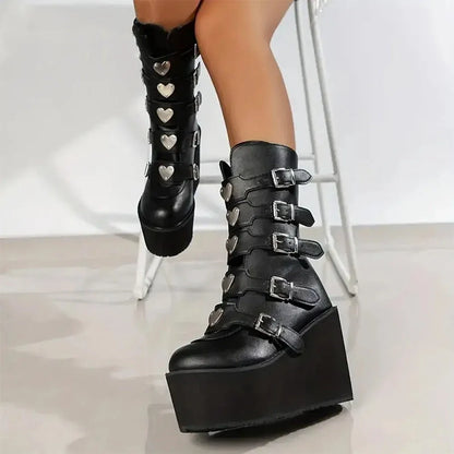 Funki Findz | Boots | Women's High Chunky Wedge Buckle Boots