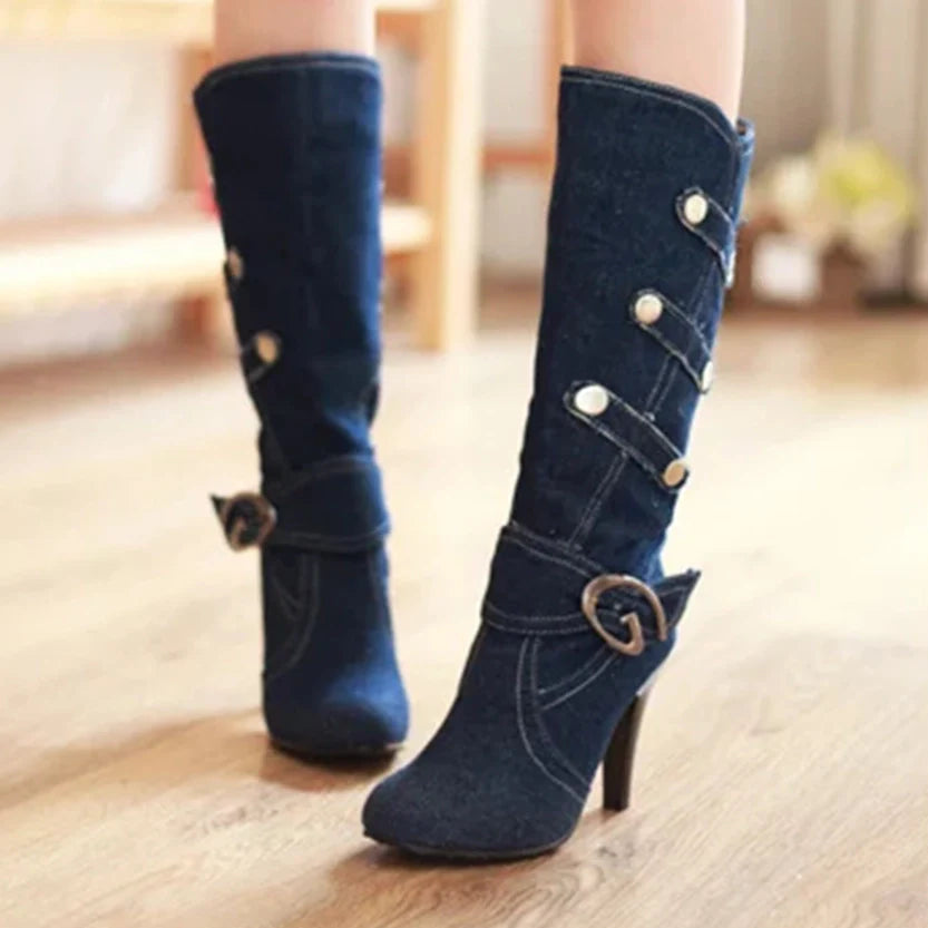Funki Findz | Boots | Women's Knee High Denim Stiletto Boots