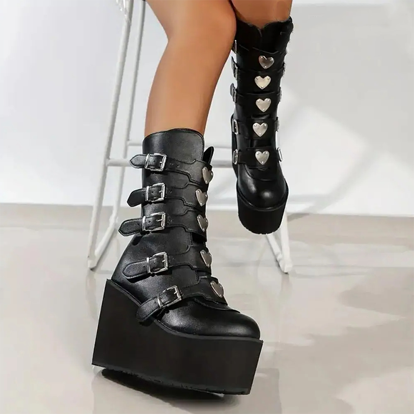 Funki Findz | Boots | Women's High Chunky Wedge Buckle Boots