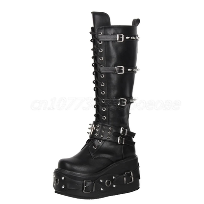Funki Findz | Boots | Women's Gothic Buckle Rivet Wedge Boots