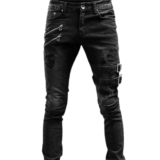 Funki Findz | Pants | Men's Skinny Buckle Strap Zipper Jeans
