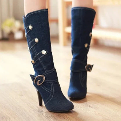 Funki Findz | Boots | Women's Knee High Denim Stiletto Boots
