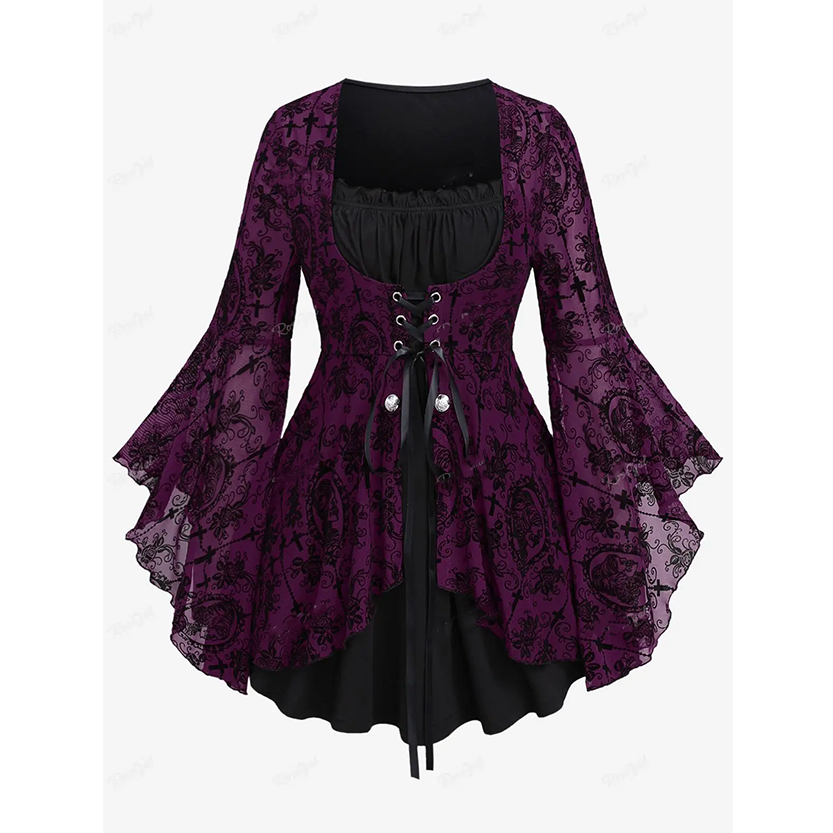 Funki Findz | Shirts | Women's Gothic Punk Floral Lace Up Top