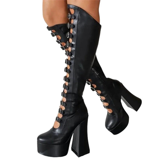 Funki Findz | Boots | Women's Cut Out Chunky Knee High Boots