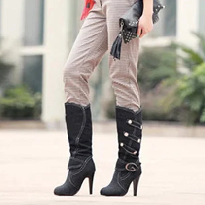 Funki Findz | Boots | Women's Knee High Denim Stiletto Boots