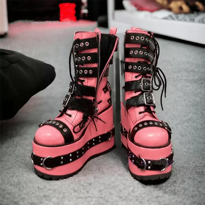 Funki Findz | Boots | Women's Pink Platform Belt Buckle Boots