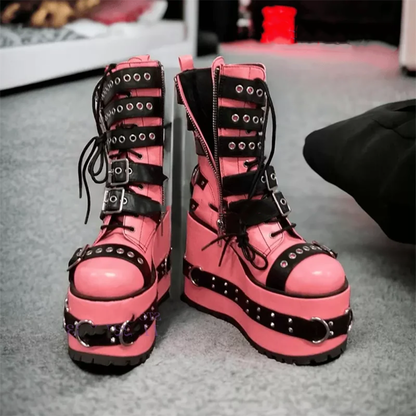 Funki Findz | Boots | Women's Pink Platform Belt Buckle Boots