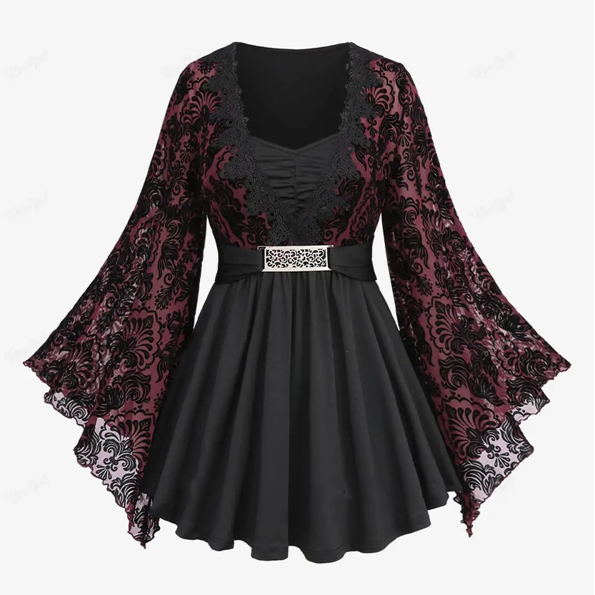 Funki Findz | Shirts | Women's Lace Applique Ruched Mesh Shirt