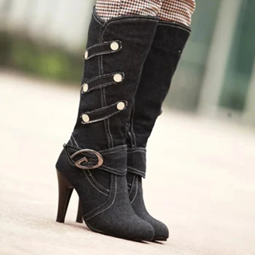 Funki Findz | Boots | Women's Knee High Denim Stiletto Boots