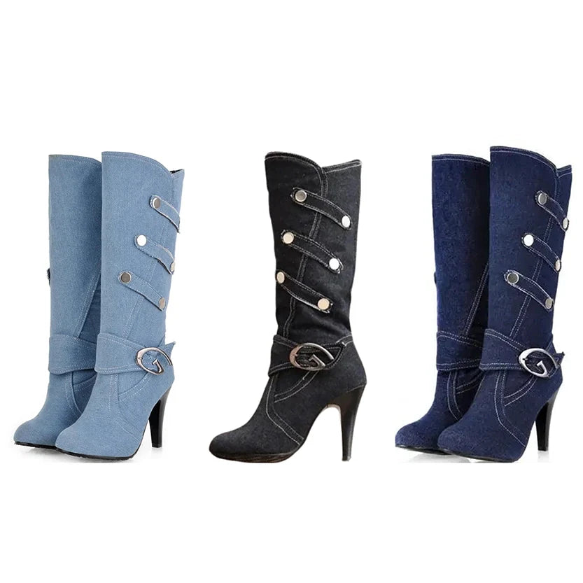 Funki Findz | Boots | Women's Knee High Denim Stiletto Boots