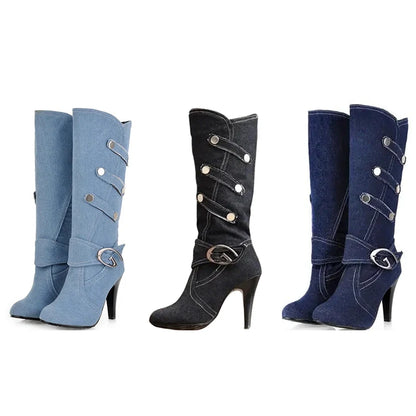 Funki Findz | Boots | Women's Knee High Denim Stiletto Boots