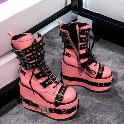 Funki Findz | Boots | Women's Pink Platform Belt Buckle Boots