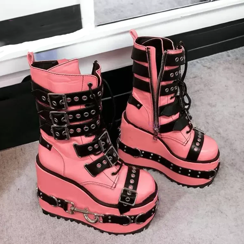 Funki Findz | Boots | Women's Pink Platform Belt Buckle Boots