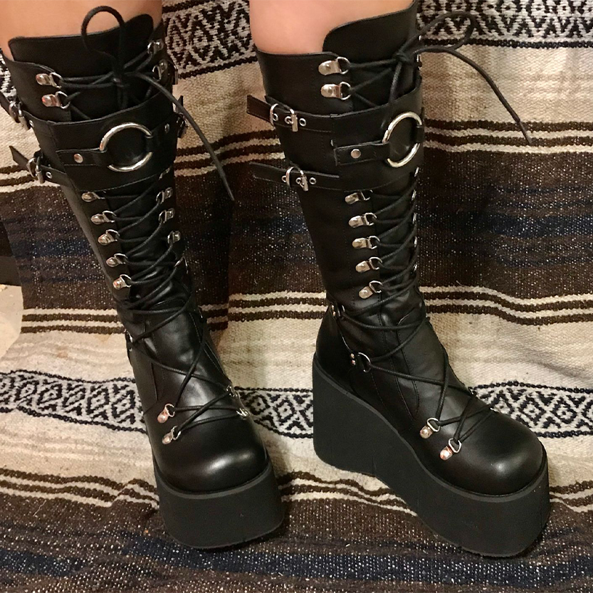 Funki Findz | Boots | Women's Goth Lace Up Platform Wedges