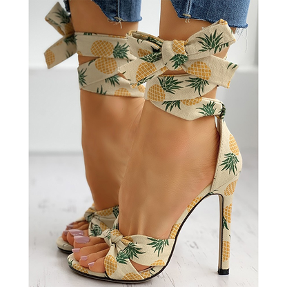 Funki Findz | Shoes | Women's Canvas Fruit Print Ankle Tie Heels
