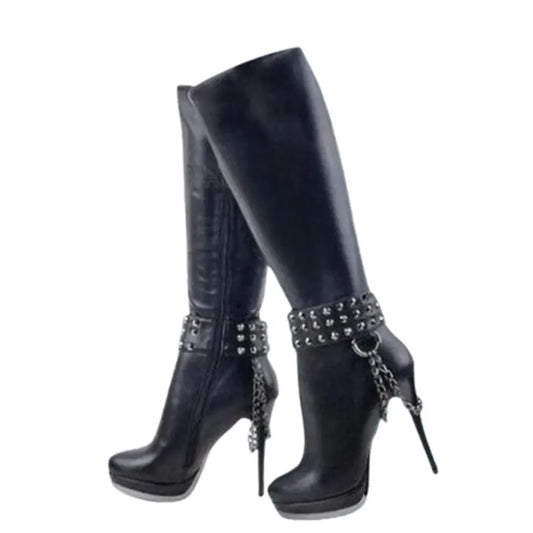 Funki Findz | Boots | Women's Knee High Chain Stiletto Boots