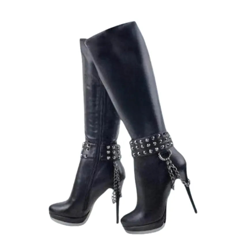 Funki Findz | Boots | Women's Knee High Chain Stiletto Boots