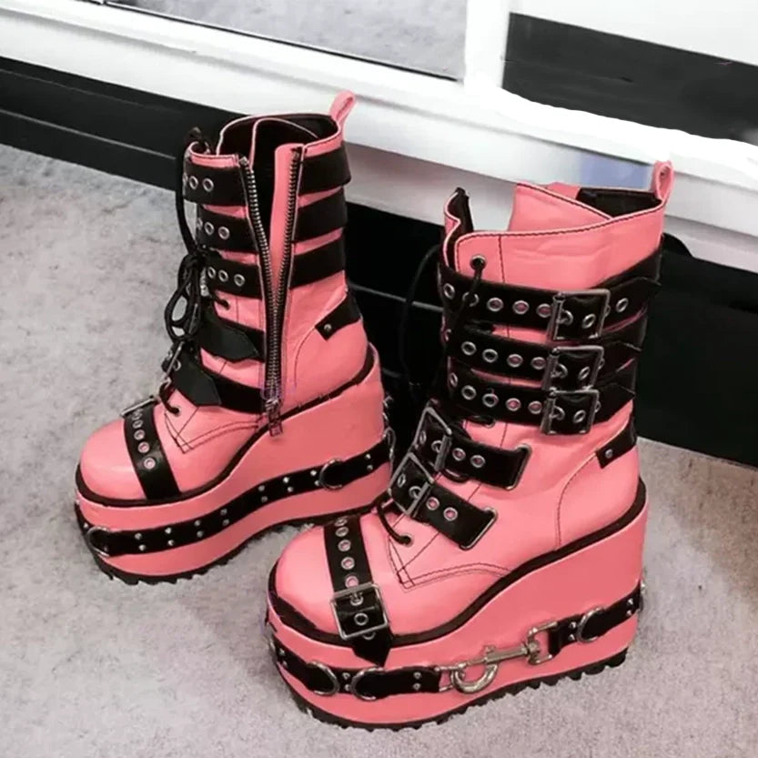 Funki Findz | Boots | Women's Pink Platform Belt Buckle Boots
