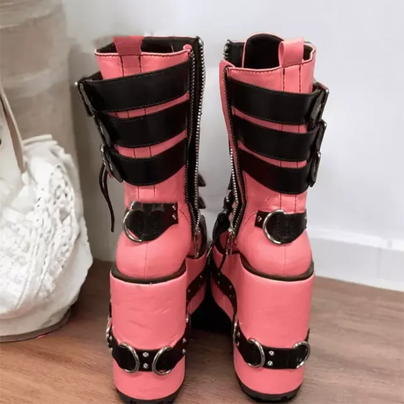 Funki Findz | Boots | Women's Pink Platform Belt Buckle Boots