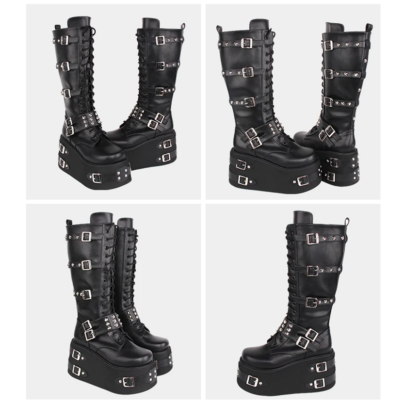 Funki Findz | Boots | Women's Gothic Buckle Rivet Wedge Boots