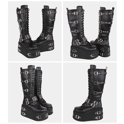 Funki Findz | Boots | Women's Gothic Buckle Rivet Wedge Boots
