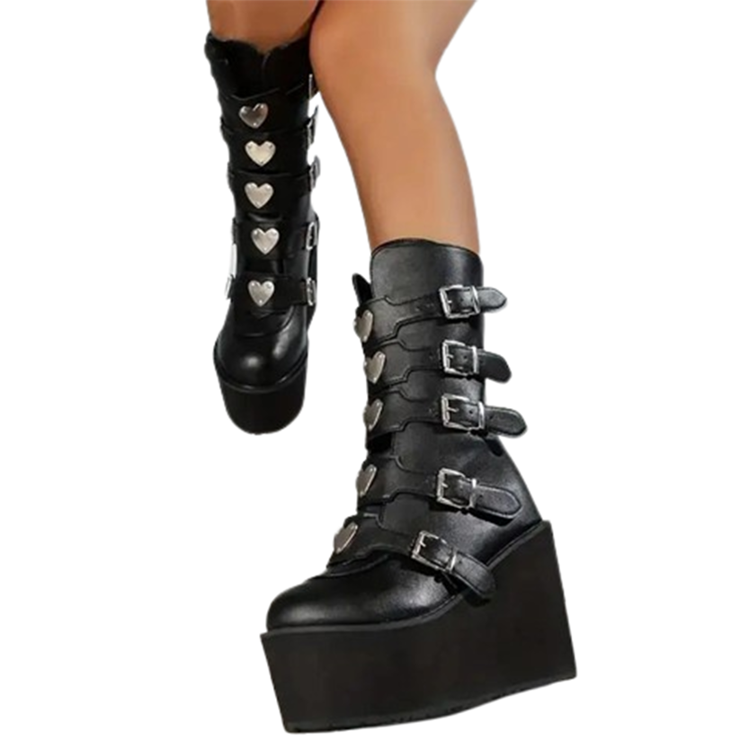 Funki Findz | Boots | Women's High Chunky Wedge Buckle Boots