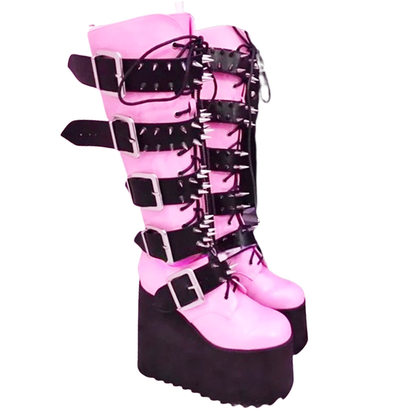 Funki Findz | Boots | Women's Pink Studded Belt Platform Boots