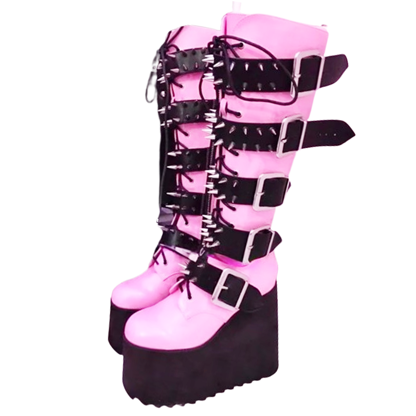 Funki Findz | Boots | Women's Pink Studded Belt Platform Boots