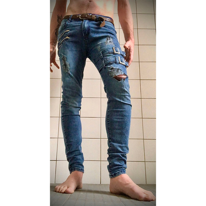 Funki Findz | Pants | Men's Skinny Buckle Strap Zipper Jeans