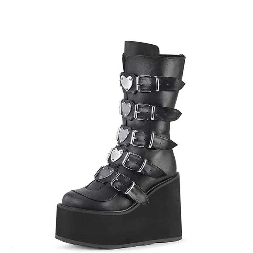 Funki Findz | Boots | Women's High Chunky Wedge Buckle Boots