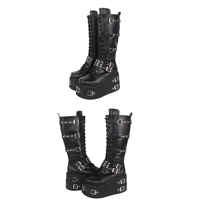 Funki Findz | Boots | Women's Gothic Buckle Rivet Wedge Boots