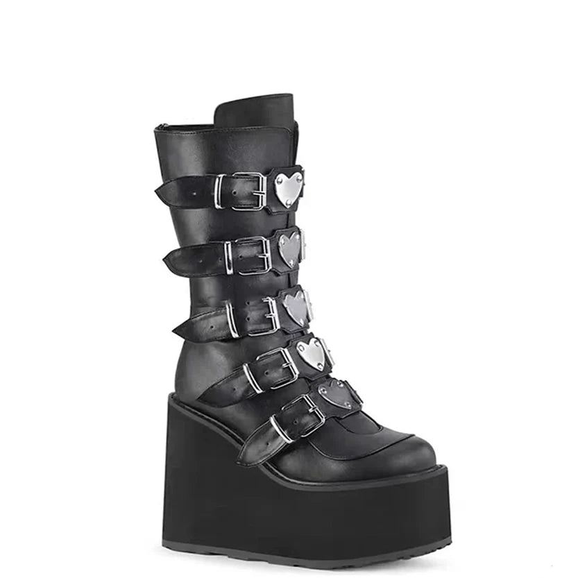 Funki Findz | Boots | Women's High Chunky Wedge Buckle Boots