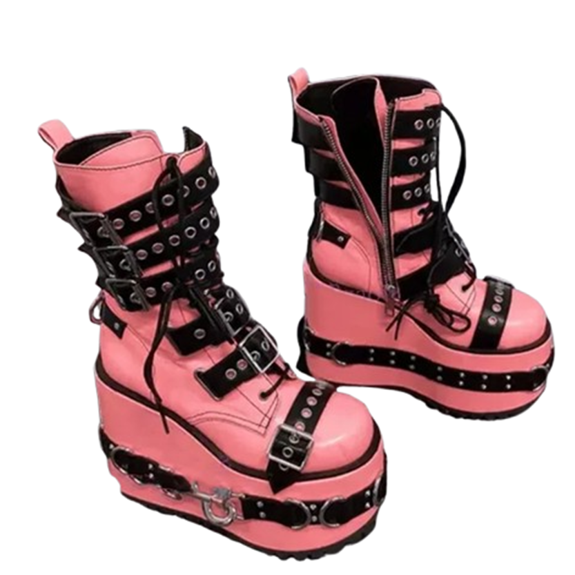 Funki Findz | Boots | Women's Pink Platform Belt Buckle Boots